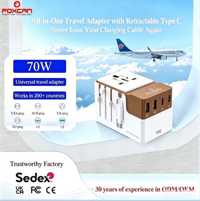 Foxcan PD70W GaN Universal Travel Adapter 5-Port Fast Charging Compatible with Over 200 Countries for Business & Vacation Travel
