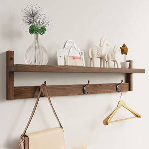 Estante de almacenamiento de madera para montar en la pared, rectangular, color retro, madera natural, multifuncional, para recibidor, perchero, soporte para llaves - Product Image 3