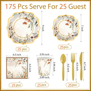 Floral <b>Disposable</b> Tableware Set Party Supplies Decorative Paper <b>Plates</b> Cups Napkins Utensils Kit - Product Image 2