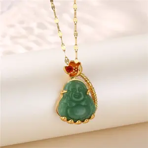 Traditional China Maitreya Laughing Buddha Pendant Necklace Religious Stainless Steel Links Chain Green Jade Buddha Necklace