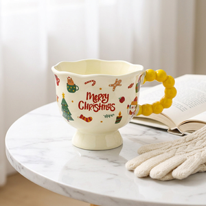 Merry Christmas <b>Ceramic</b> <b>Mug</b> Set With Red Beaded Handle Cartoon Design For Party Use - Product Image 5