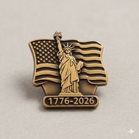 Badge commémoratif personnalisé en métal plaqué or, motif Art populaire traditionnel, Statue de la Liberté et Drapeau américain, pour le 250e anniversaire des États-Unis