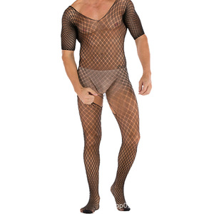 Men <b>Fishnet</b> Bodysuit Black Spandex Polyester Stage Performance Wear Full Body Mesh Costume - Product Image 1