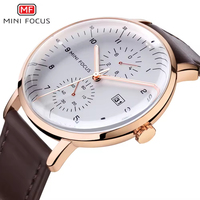 Reloj de Pulsera de Cuarzo para Hombre MINI FOCUS 0052G Original, Esfera Blanca Minimalista, 3 Subesferas, Correa de Cuero, Reloj de Negocios