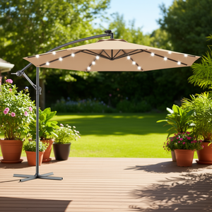 Sombrilla de Patio de 10 Pies con Poste de Aluminio, Luces LED Solares, Apertura Manual con Manivela, Inclinación Manual, Color Beige, para Uso en Exteriores - Product Image 2