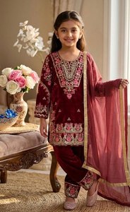 Kids Maroon Velvet Pakistani Salwar Kameez Girls <b>Eid</b> Wedding Wear Embroidered 3Pc Designer Suit With Dupatta - Product Image 1