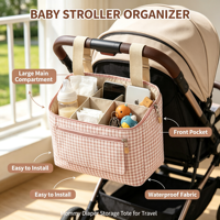 Sac de rangement pour poussette en gingham personnalisé, imperméable, organiseur de couches pour bébé, pour les voyages et l'usage quotidien