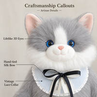 Sac à dos scolaire pour filles, en forme de chat réaliste, en fausse fourrure grise, noire et beige, avec nœud papillon et dentelle, style Kawaii, doux et rembourré