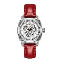 Montre-bracelet automatique mécanique de luxe pour femme, cadran squelette ajouré, boîtier en cristal et diamants, bracelet en cuir texture crocodile pour dames
