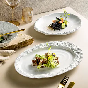 Ins Style HoReCa Oval Rock Pattern Sea Wave Stone Plates Flatware Restaurant Tableware Bright White Porcelain Dishes and Plates