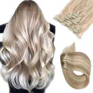 Extensions de cheveux naturels Remy avec clips, mèches de cheveux humains, à reflets blonds, salissures, pour femmes, pour complète