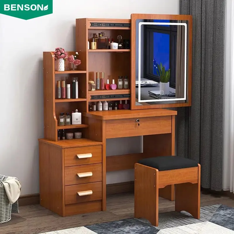 Mobilier nordique moderne pour filles, porte coulissante, coin de maquillage, coiffeuse en bois rose avec miroir pour chambre à coucher