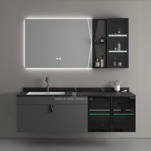 European Style Floating Single Sink Bathroom Storage Furniture Vanity Stainless Steel Bathroom Cabinet With Led Mirror