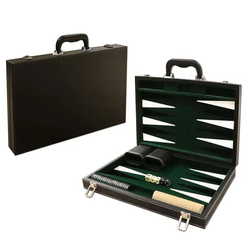 Plateau de jeu backgammon en cuir pu noir avec porte-documents vert de 18 pouces