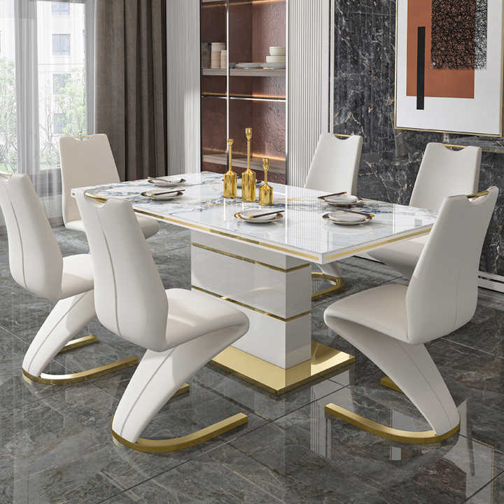 Luxury stone marble square dining table set 4 chairs modern gold