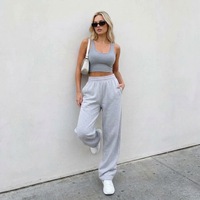 Ensemble deux pièces décontracté pour femme avec logo personnalisé : débardeur court en maille côtelée et pantalon de survêtement ample à jambes larges, ensemble de survêtement ample pour la détente