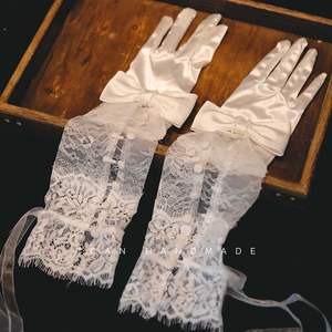 2024 français coude longueur Satin doigt complet gants de mariée élégant dentelle Satin Patch arc longue <span class=keywords><strong>mitaine</strong></span> <span class=keywords><strong>mariage</strong></span> gants de mariée - Product Image 5