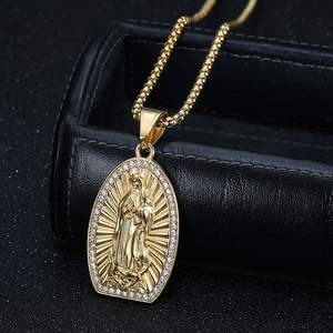 Hip Hop vierge marie Zircon religieux chrétien pièce en acier inoxydable mode bijoux pendentifs colliers plaqué or 18 carats pour les femmes - Product Image 5