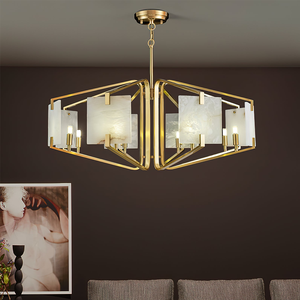 Lámpara de Araña Hexagonal Moderna de Acero Inoxidable con Pantallas de Alabastro Natural, Acabado Dorado Elegante para Interiores de Lujo - Product Image 2