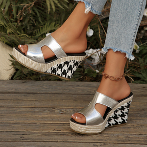 Mules compensées pour femme, personnalisables OEM/ODM, direct usine, doré métallisé pied-de-poule, style espadrille, plateforme, bout ouvert, à enfiler, confort estival - Product Image 5