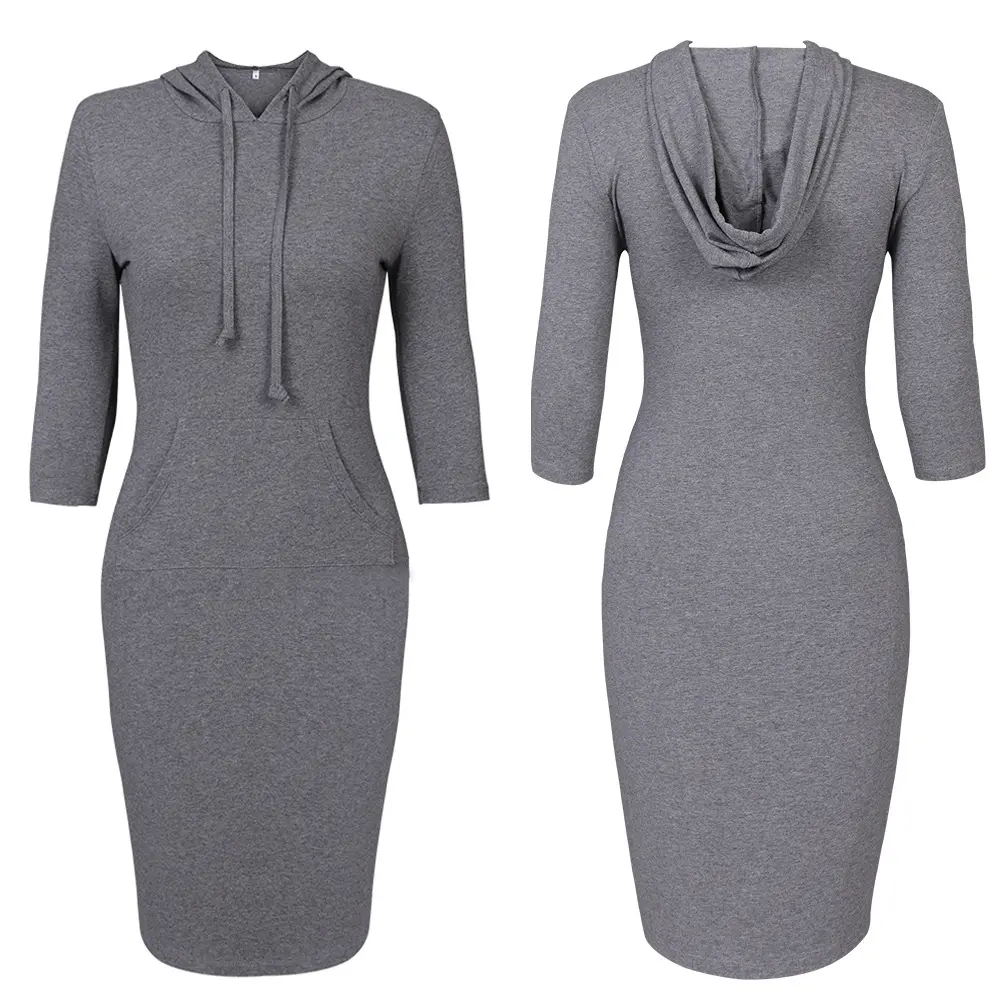 2022 new fashion slim waist three-quarter sleeve solid color striped women's hooded dress wholesale