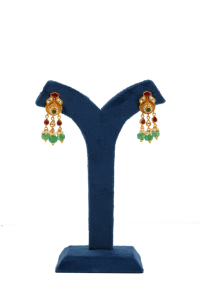 Traditional gold jewelry <b>set</b> with detailed craftsmanship pearl layered necklace and statement pendant with green <b>beads</b> - Product Image 2