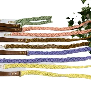 Tali anjing bunga macrame pegangan PU kulit panjang 150CM / 59 inci