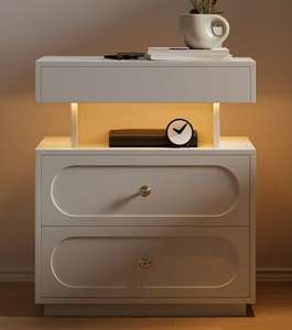 โต๊ะข้างเตียงไม้ MDF สีขาว โต๊ะข้างเตียงแบบลอยตัว 3 ลิ้นชัก พร้อมไฟ LED โต๊ะข้างเตียงอัจฉริยะสำหรับห้องนอน - Product Image 6