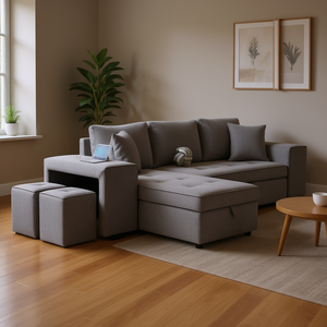 Canapé d'angle en forme de L, 3 places, convertible avec rangement, 2 tabourets, ensemble de meubles de salon, lin gris - Product Image 2