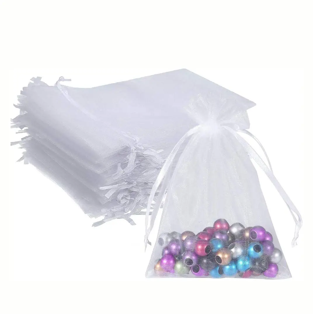 Wholesale 100pcs 5x7 Inches White Mesh Organza Bag Christmas Drawstring Pouches Candy bags Party Wedding Favor Gift Bags(White)