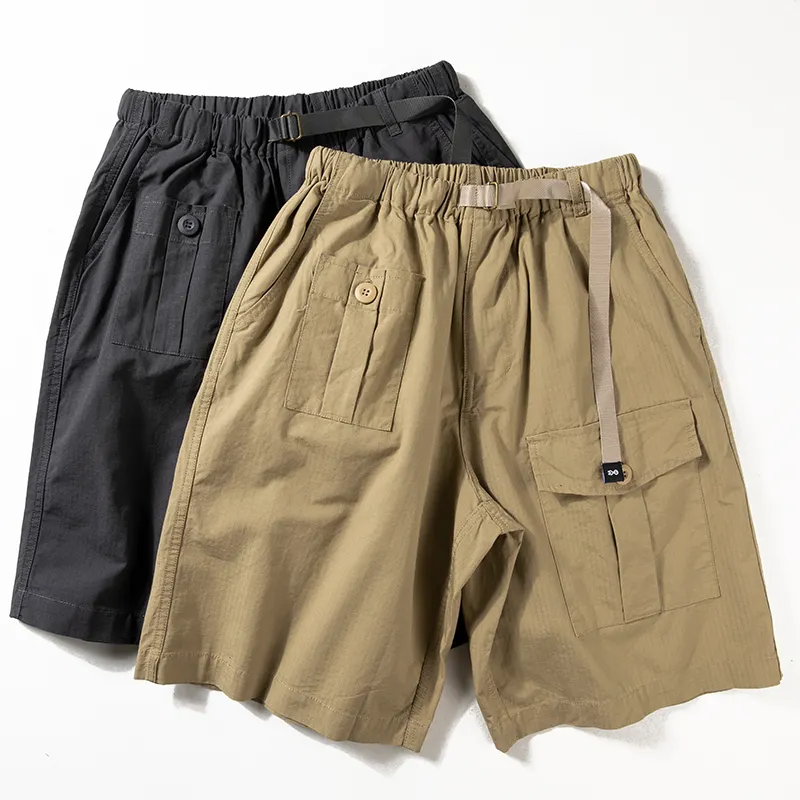 High Quality Custom Elastic High Waist Khaki 100% Cotton Streetwear Loose Washed Sweat Men'S Cargo Shorts