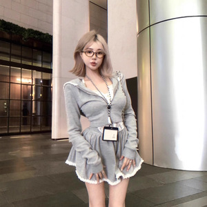 Lace Trimmed Hooded Cropped Sweatshirt Jacket Women Autumn Gray Two Piece Set With A Line Skirt And Pants Casual Suit - Product Image 5