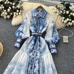 Robe longue élégante et décontractée à imprimé floral vintage, coupe trapèze, taille ajustée, manches longues, prix compétitif, idéale pour le printemps - Product Image 2