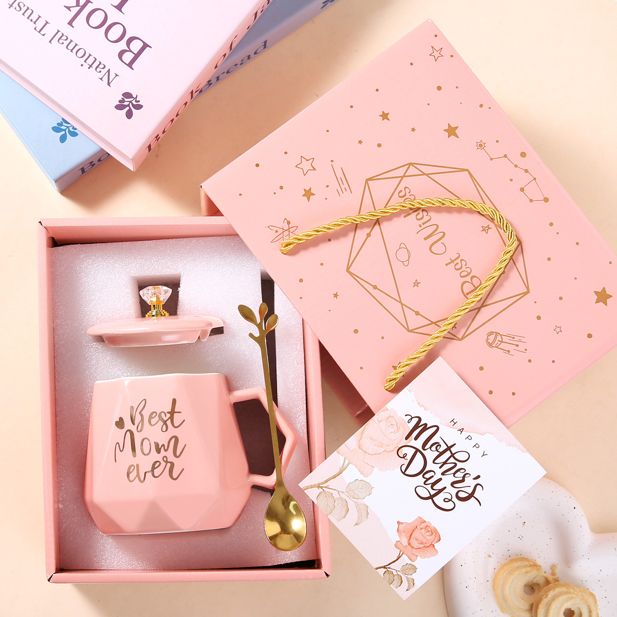 cup lid spoon single cup gift box-mother pink