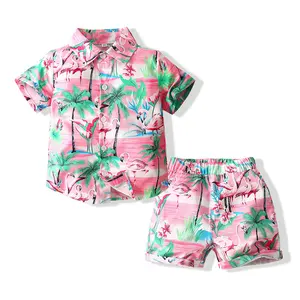 Детская летняя рубашка с коротким рукавом, детский пляжный отдых, Детская рубашка с кокосовым деревом, повседневный комплект с принтом, 2 комплекта