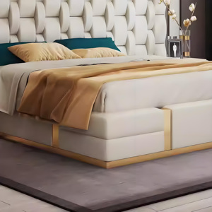 Ensemble de meubles pour chambre à coucher italien de luxe Grande tête de lit Lit classique en cuir véritable Lit rembourré en bois - Product Image 4