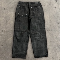Pantalon en jean pour hommes, surdimensionné personnalisé, double genou 3D gaufré, stretch, noir, wax, jambe large, pantalon baggy