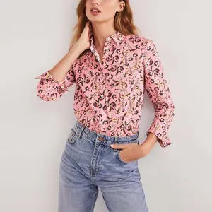 Ladies Summer Spring Elegant Long Sleeve Tops Ruffle Turtleneck Floral Chiffon Shirts Casual Fashion Pink Floral Blouse