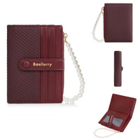 Dompet Wanita Premium Tali Mutiara dengan Ritsleting, Tempat Kartu Pendek, Tas Clutch Merah PU, Dompet Kecil