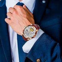 Montre mécanique automatique Glenaw Luxury Classic pour homme, squelette gravé, tourbillon, phase de lune, bracelet en cuir, cadran en verre