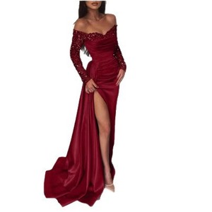 Vestido de noche de un solo hombro con manga larga, lentejuelas, abertura, cintura natural, cremallera frontal y falda amplia. - Product Image 5