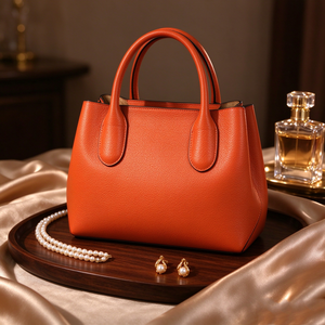 Sac fourre-tout élégant en cuir grainé orange avec poignée supérieure et bandoulière amovible pour femme - Product Image 4