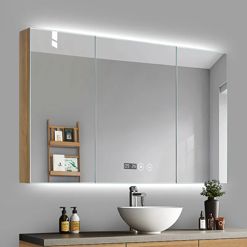 Modern banyo aydınlatmalı depolama aynalı dolap üçgen dönen banyo aynalı dolap