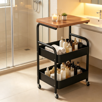 Chariot utilitaire roulant à 3 niveaux avec plateau en bois, chariot de rangement en métal pour cuisine, salle de bain, bureau, étagère mobile d'organisation