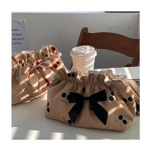 Corduroy Cherry Embroidery Travel <b>Makeup</b> <b>Bag</b> for Women, Portable Bow <b>Makeup</b> <b>Bag</b> - Product Image 4