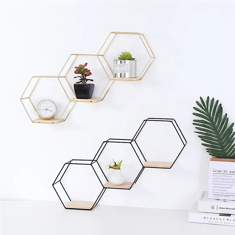 Rack de parede hexagonal em ferro forjado, ornamentos nórdicos, prateleira para parede de sala, quarto, plano de fundo, decoração de parede, prateleira de armazenamento