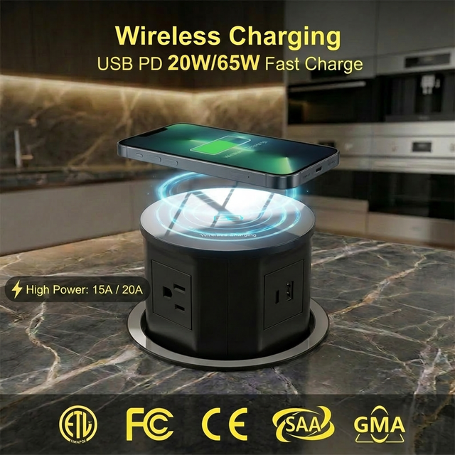 Smart Automatic Motorized pop up Socket with Wireless Charging USB-C Pd Kitchen Power Strip Tower for Conference Table Office