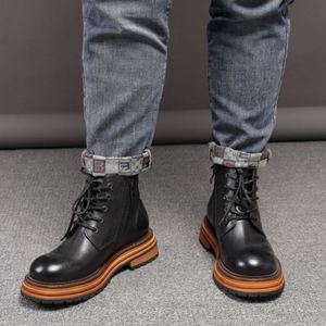 Autumn and Winter New Men's <b>Boots</b> Thick-Soled <b>Boots</b> Genuine Leather Men's Shoes <b>Boots</b> with Lace up and Zipper Combination - Product Image 2