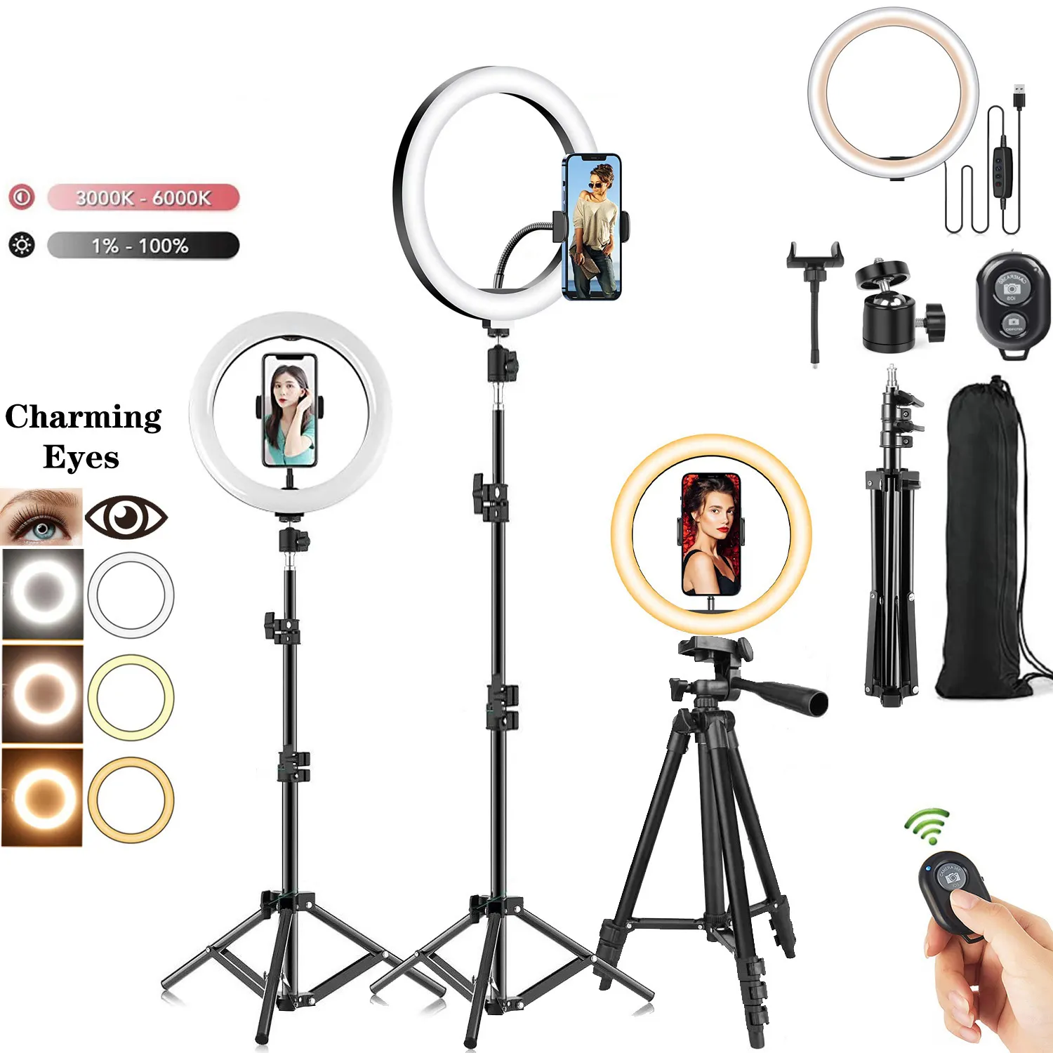 10 inch 26cm Photography Video Light with 160cm/210cm Tripod Stand Cell Phone Holder for Live Stream LED Selfie Ring Light