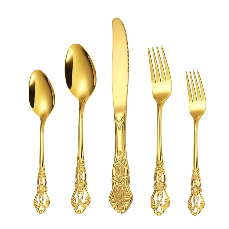 Peralatan makan set sendok garpu emas antik baja tahan karat pernikahan pegangan berlubang timbul ujung tinggi gaya istana mewah
